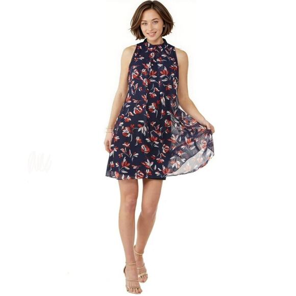 $98 Signature by Robbie Bee Women’s Navy & floral Print Mini Dress Size 8 - Picture 1 of 8